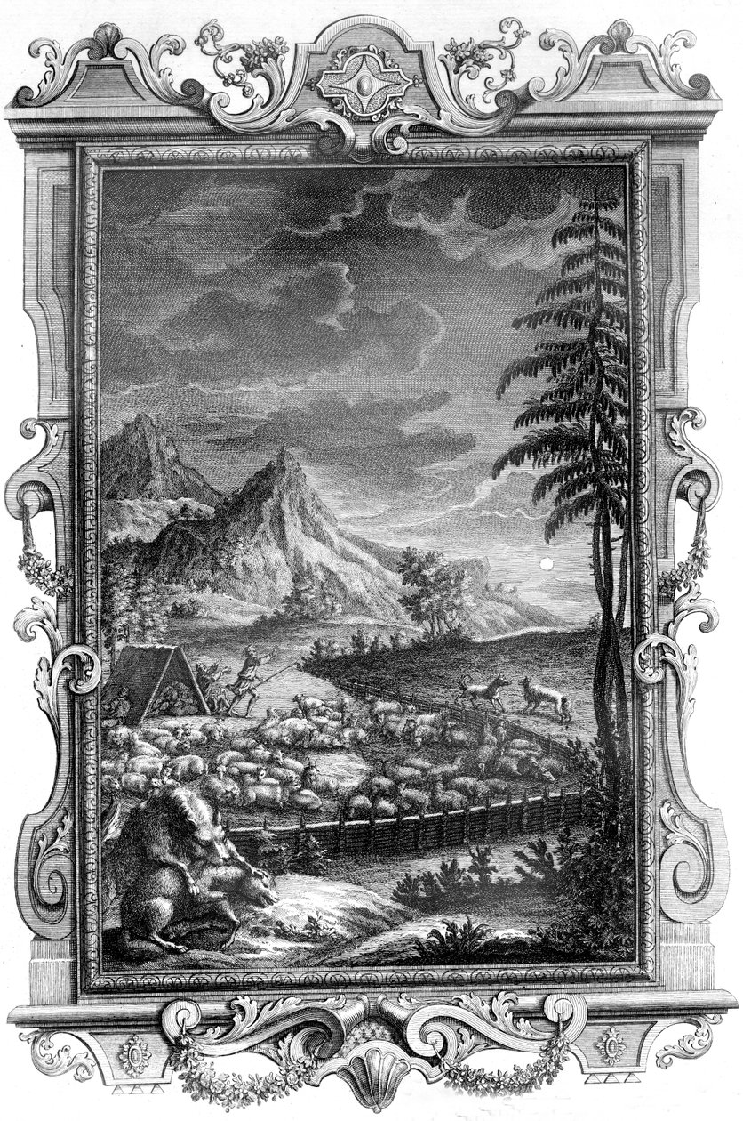 Jaakob, uskollinen paimen, suojelemassa lammaslaumaansa susien hyökkäyksiltä, 1731 (kuparikaiverrus) tekijältä German School