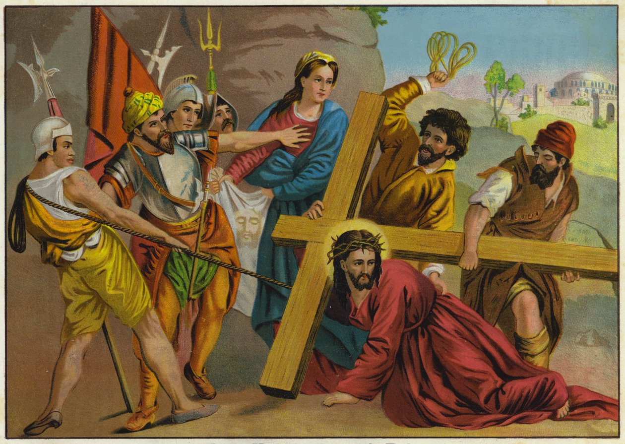 Jeesus kaatuu ristinsä painon alla matkalla ristiinnaulitsemiseen (värilitografia). tekijältä German School