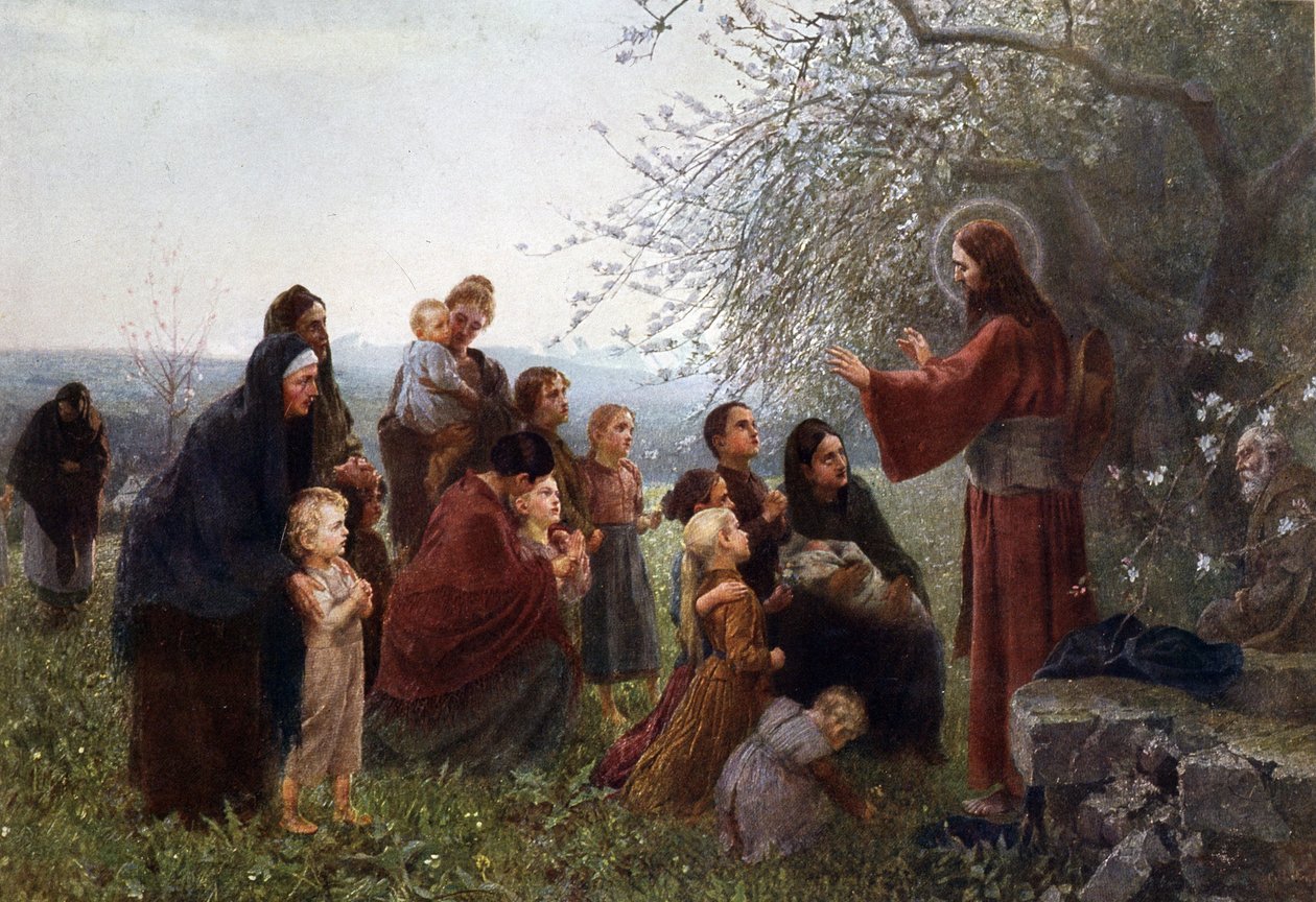 Jeesus naisten ja lasten kanssa ("Antakaa pienten lasten tulla luokseni"), Saksa v. 1880. tekijältä German School