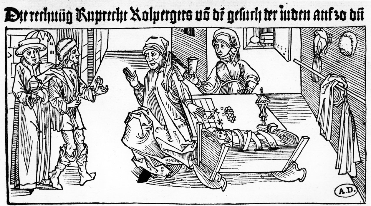 Juutalainen rahalainaaja perheineen vastaanottamassa asiakkaita, 1491 (puukaiverrus) tekijältä German School