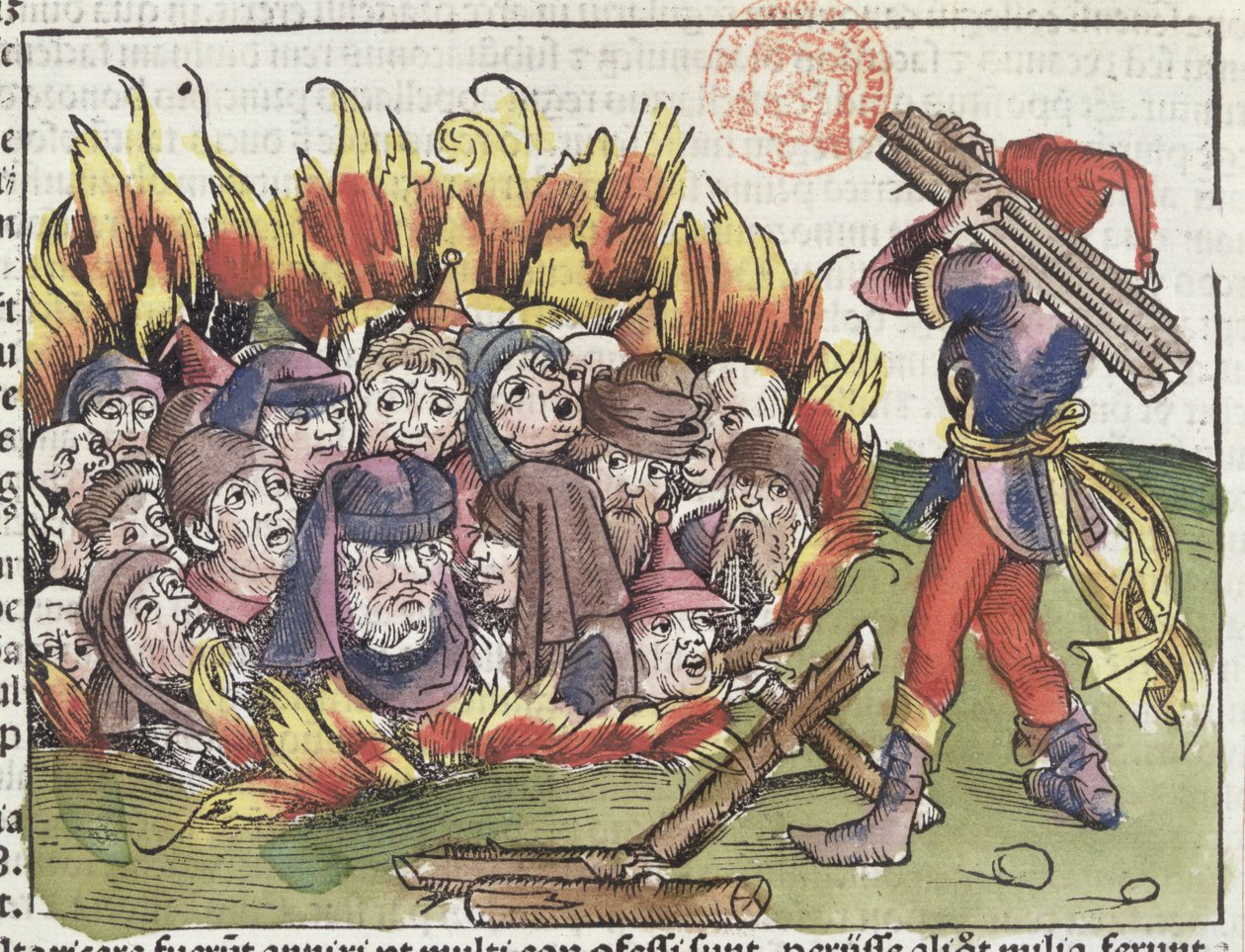 Roviolla poltetut juutalaiset, Hartmann Schedelin (1440-1514) Nürnbergin kronikasta, 1493 (värillinen puupiirros) tekijältä German School