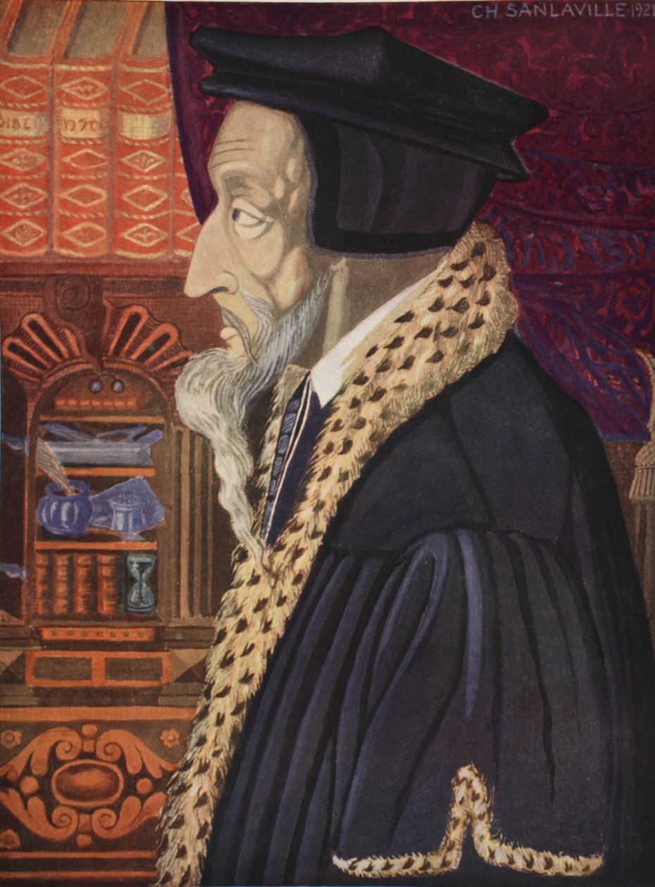 John Calvin, kopio M. Charles Sanlaville (fl.1920-30), kuvitus Histoire de la Nation Francaisesta, Gabriel Hanotaux (1853-1944), 1924 tekijältä German School