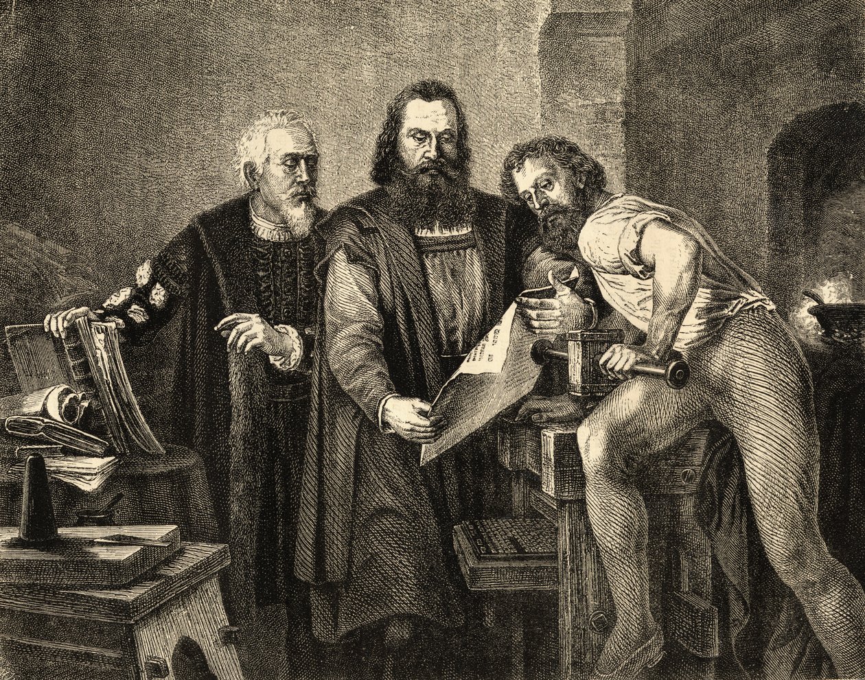 John Faust (n. 1400-1466) John Gutenberg (1400-68) ja Peter Schoeffer (n. 1425-1503) tekijältä German School
