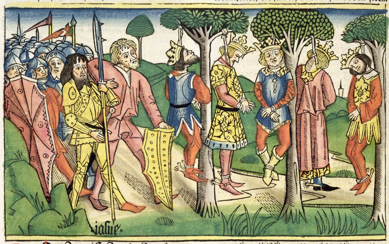 Joosua 10 16-27 Viiden kuninkaan teloitus, "Nürnbergin Raamatusta (Biblia Sacra Germanaica)" (värillinen puupiirros) tekijältä German School