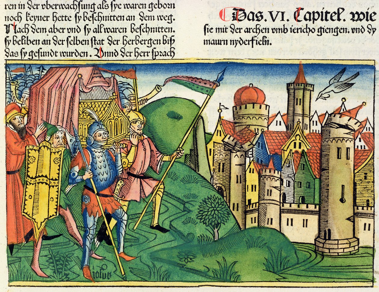 Joosua 6 4-21 Jerikon kukistuminen, Nürnbergin Raamatusta (Biblia Sacra Germanaica) (värillinen puupiirros) tekijältä German School