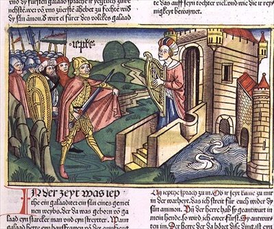 Tuomarit 11 29-40 Jeftan tytär tervehtii isäänsä, "Nürnbergin Raamatusta (Biblia Sacra Germanaica)" (värillinen puupiirros) tekijältä German School