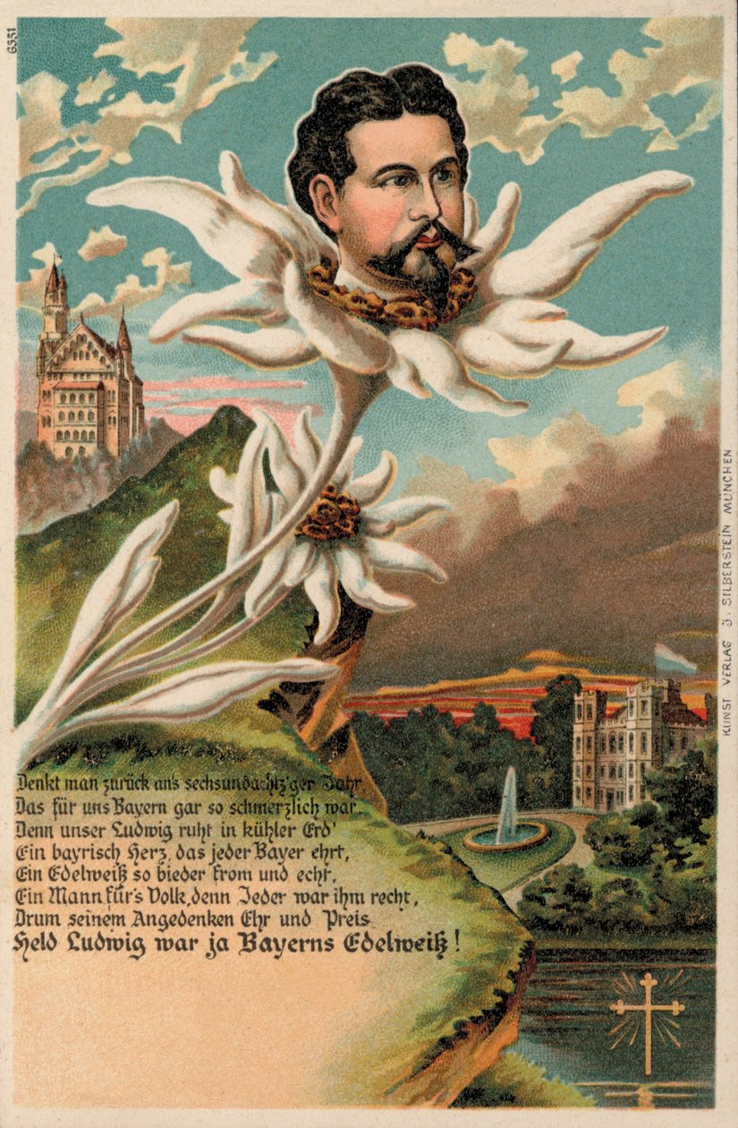 Baijerin kuningas Ludwig II kuvattuna edelweissinä (kromoliittinen) tekijältä German School