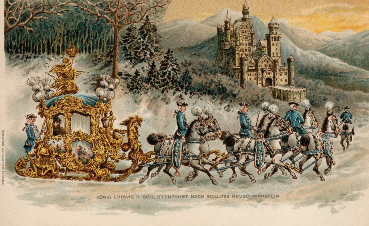 Baijerin kuningas Ludwig II matkalla Neuschwansteinin linnaan kultaisella reellä (kromoliittikuva). tekijältä German School
