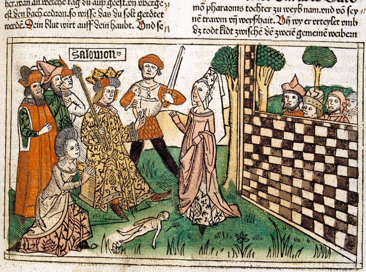 Kuningas Salomonin tuomio, kohtaus Nürnbergin Raamattuun kirjoitettu ... tekijältä German School