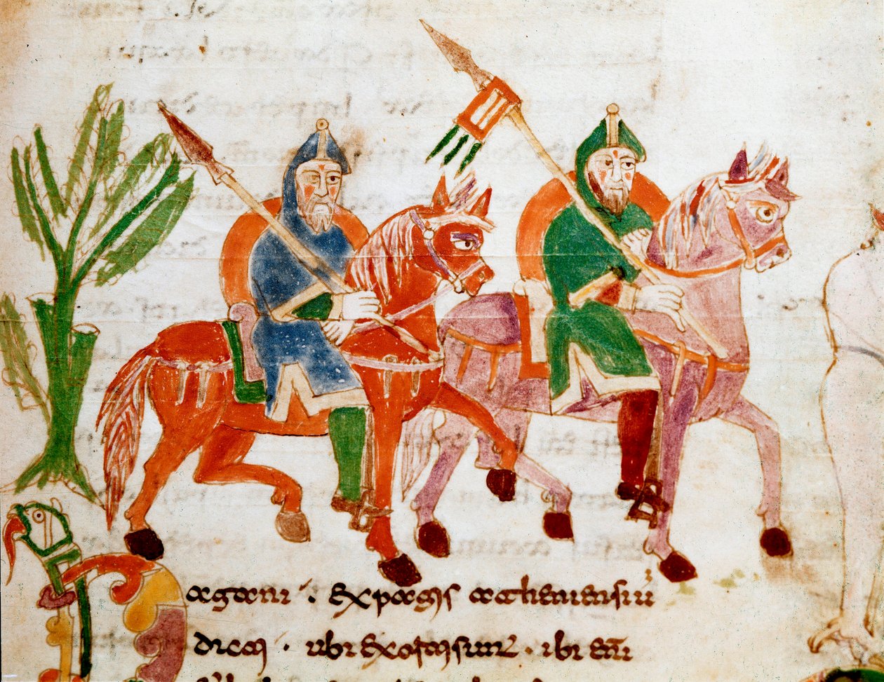 Ritarit hevosineen Miniatyyri Rabanus Maurus Magnentiuksen (tai Raban Maurin tai Raban Mauron, n. 780-856) käsikirjoituksesta "" Universumista" tai "" Asioiden luonnosta"". 9. vuosisadalla. Mount Cassin Abbeyn arkisto tekijältä German School
