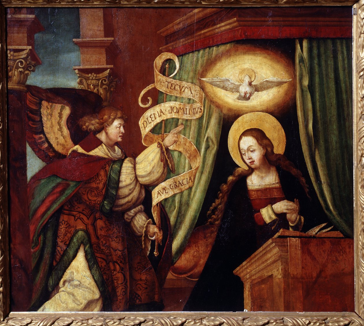 Ilmoitus (The Annunciation). Arkkienkeli Gabriel tuo latinaksi sanoman: "Ave gratia plena Dominus tecum" (Terve, oi täynnä armoa, Herra on kanssasi) (Ave Marian alku). Saksalaisen mestarin maalaus (1500-luku). Öljy tekijältä German School