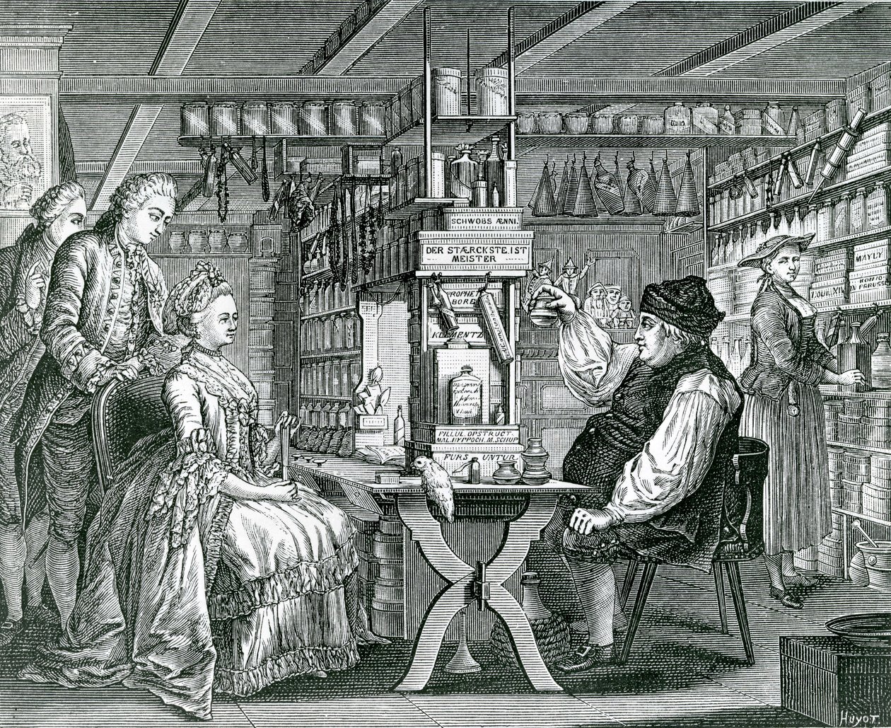 Maalaismainen apteekki, Bartolomaus Hubnerin (1727-1795) painatus, 1774 tekijältä German School