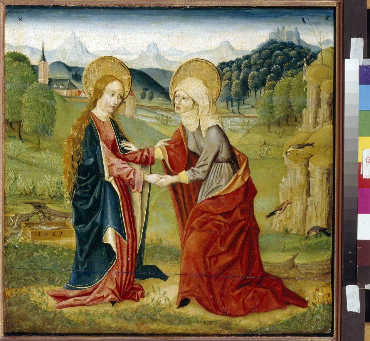 Vierailu. (Neitsyt Maria vierailee serkkunsa pyhän Elisabetin luona, raskaana Pyhästä Johannes Kastajasta). Haut Rhinin mestarin maalaus (aktiivinen 1400-luku), öljy puulle tekijältä German School