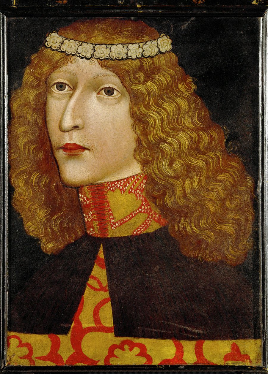 Ladislaus Postumus, Unkarin ja Böömin kuningas, syntynyt 1440, neljä kuukautta isänsä kuningas Albrecht II:n kuoleman jälkeen... (pergamentti puulle) tekijältä German School