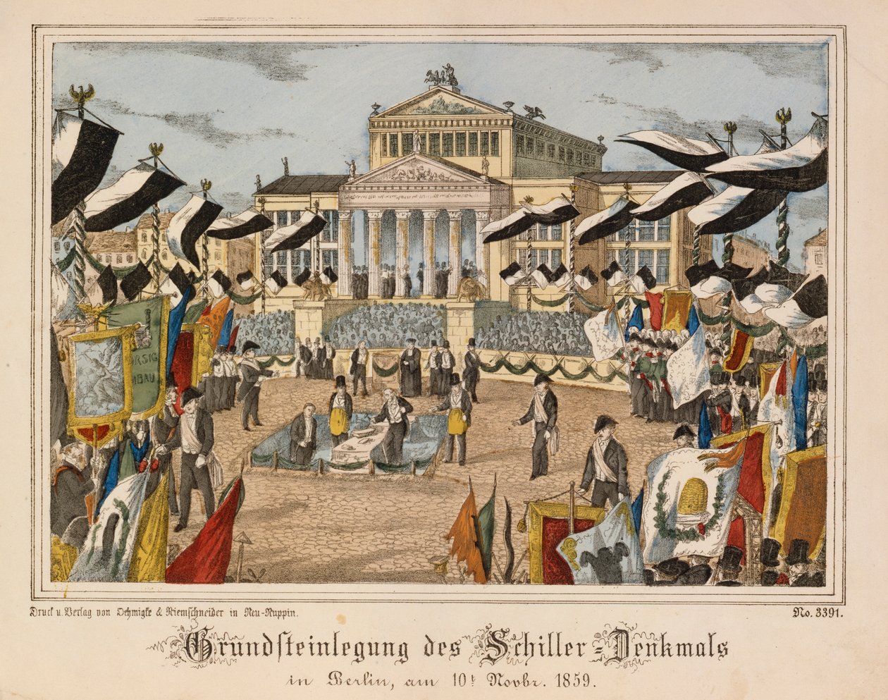 Schiller-monumentin peruskiven muuraus Gendarmenmarktissa Berliinissä 10. marraskuuta 1859 Schauspielhaus taustalla, Oehmigle & Ri:n julkaisema Neuruppiner Bilderbogen tekijältä German School