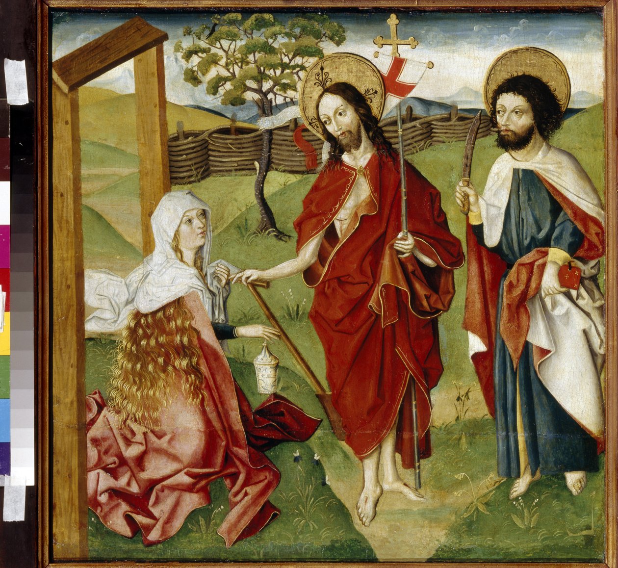 Kristus, Maria Magdaleena ja pyhä Barthelemy (tai Natanael, apostoli) (Kristus, Maria Magdaleena ja pyhä Bartolomeus). Voi olla esitys ""Noli me tangeresta"": näystä ylösnousseesta Kristuksesta Pyhässä Magdalan Mariassa. Jeesus Kristus pitelee verhoa tekijältä German School