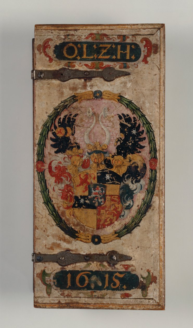 Prinssi Otto von Hessen varsijousipulttilaatikon kansi, 1615 (maalattu puu) (katso myös 312140-43) tekijältä German School
