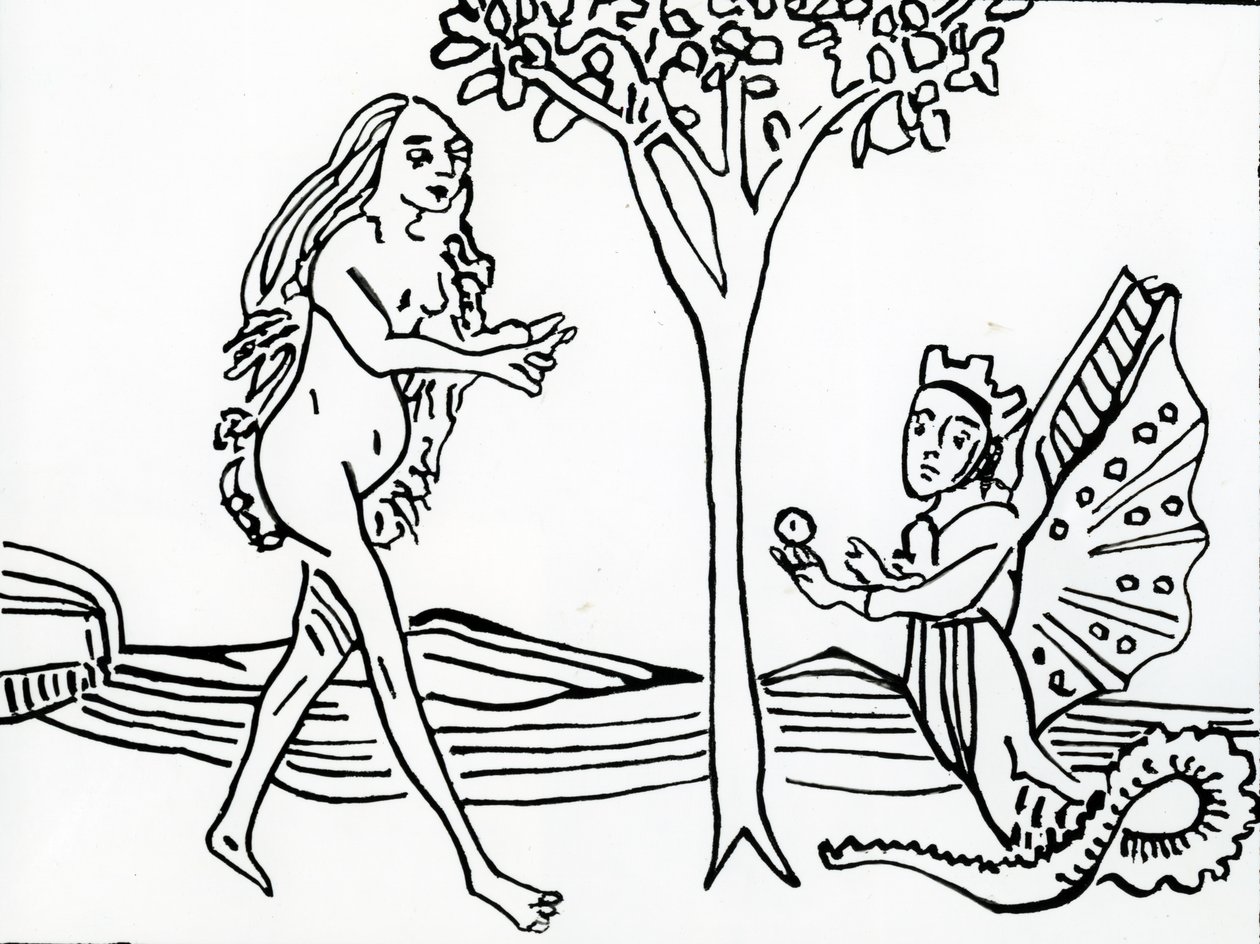 Lilith, siivekäs ja kruunu, käärmeenhännällä, tarjoaa omenan Eevalle 