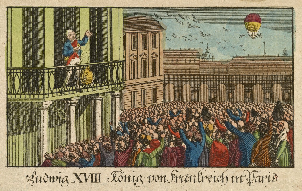 Ludvig XVIII Ranskan kuningas Pariisissa, pub. 1814 (käsinvärinen kaiverrus) tekijältä German School