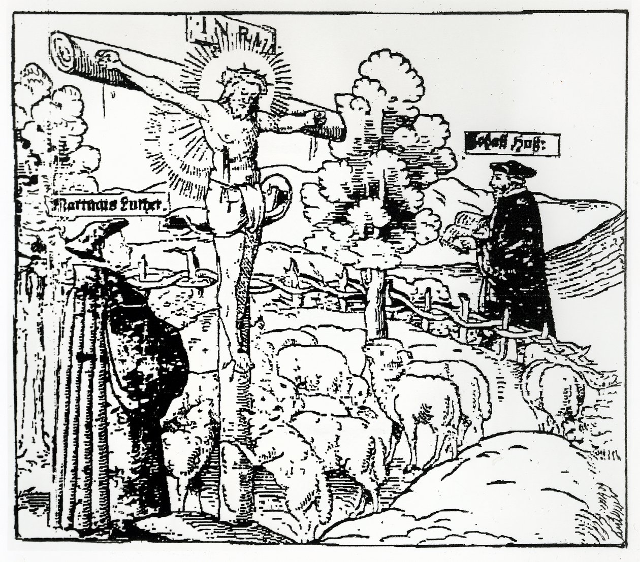 Luther (1483-1546) ja Hus (1369-1415) Kristuksen kanssa lammastarhassa, n. 1520-21 tekijältä German School
