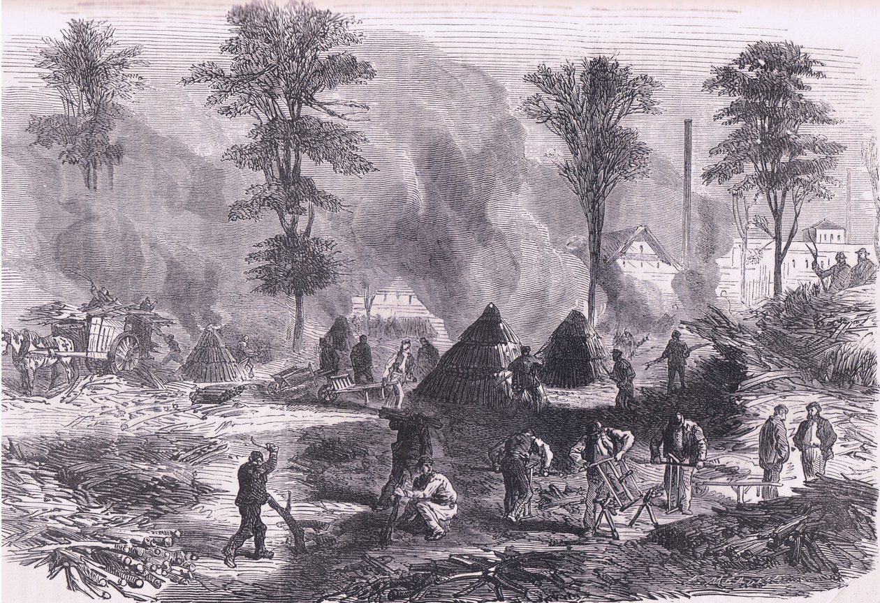 Hiilen valmistus ruutia varten, Cassells History of the War of the France ja Saksa, julkaisija Cassell and Company Limited, n. 1890 (litho) tekijältä German School