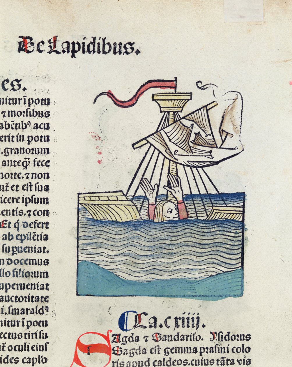 Mies putoamassa haaksirikkoutuneessa veneessä, kuva Hortus Sanitatisista, 1491 (värillinen puupiirros) tekijältä German School