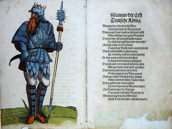 Mannus, ensimmäinen Saksan kuningas, teoksesta "Saksan kansakunnan kahdentoista ensimmäisen vanhan kuninkaan ja ruhtinaan alkuperä" tekijältä German School