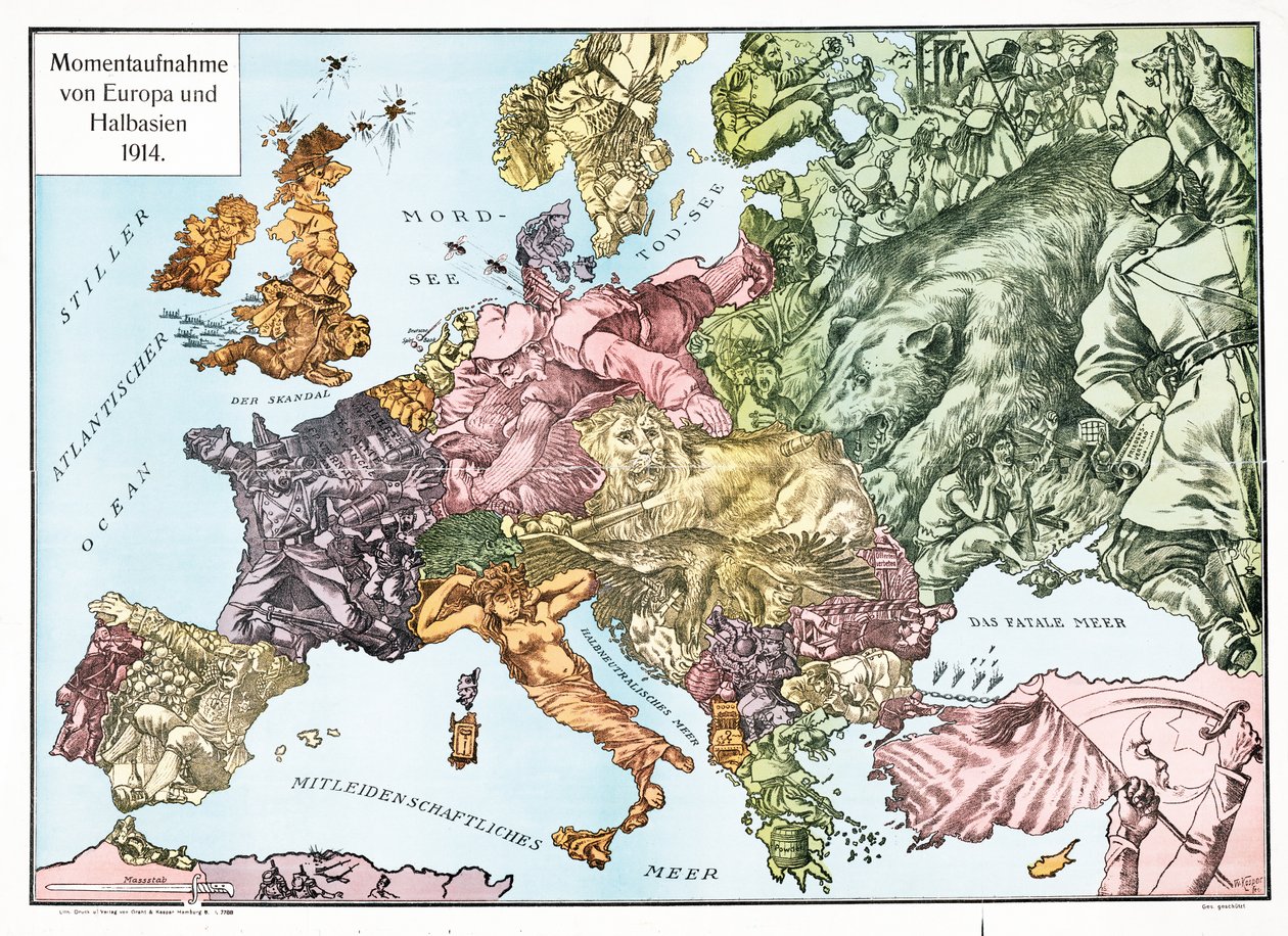 Kartta Euroopasta vuonna 1914, julkaisu 1915 (värilitografia) tekijältä German School