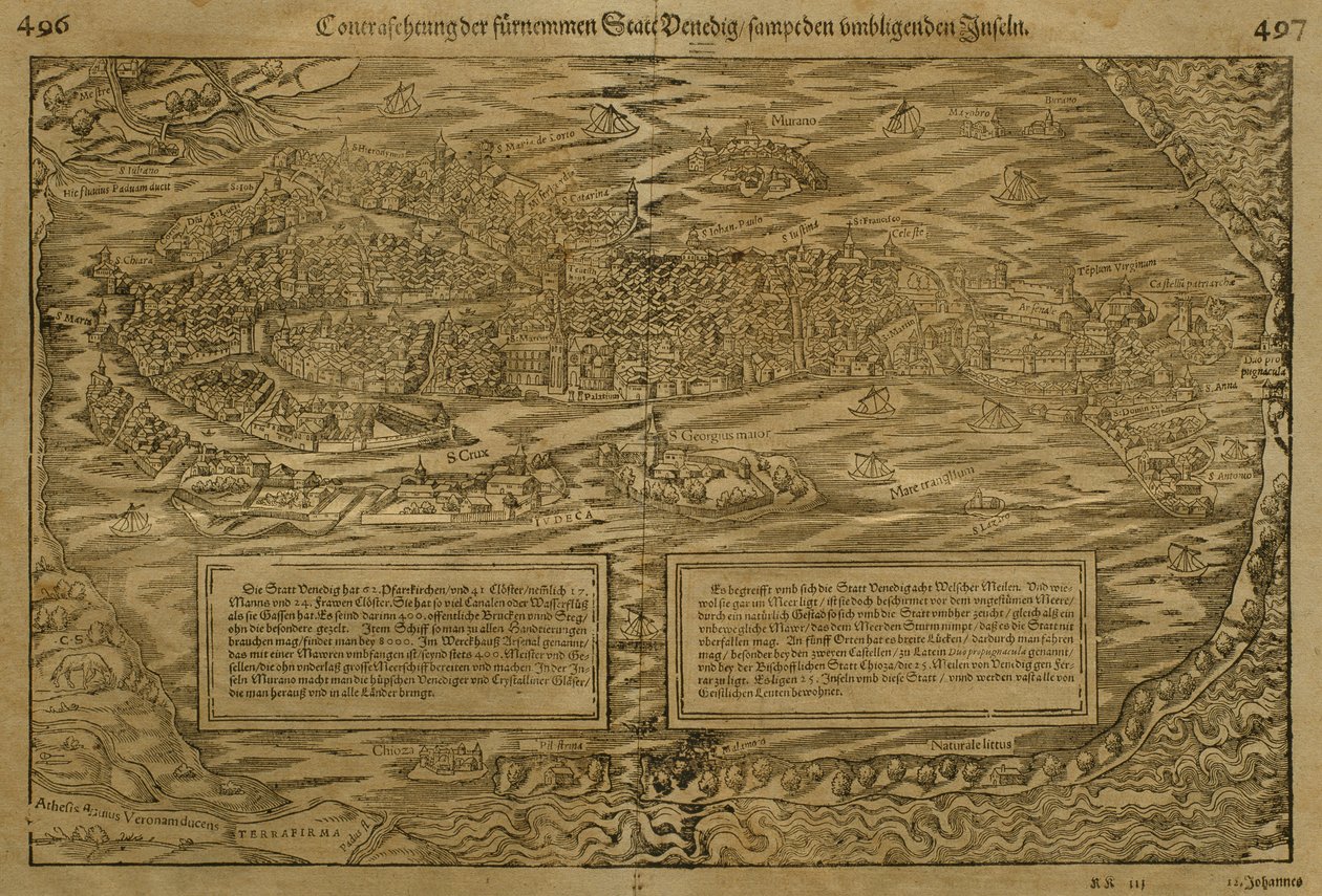 Venetsian kartta, Sebastian Munster (1488-1552), julkaistu Baselissa, noin 1560 tekijältä German School