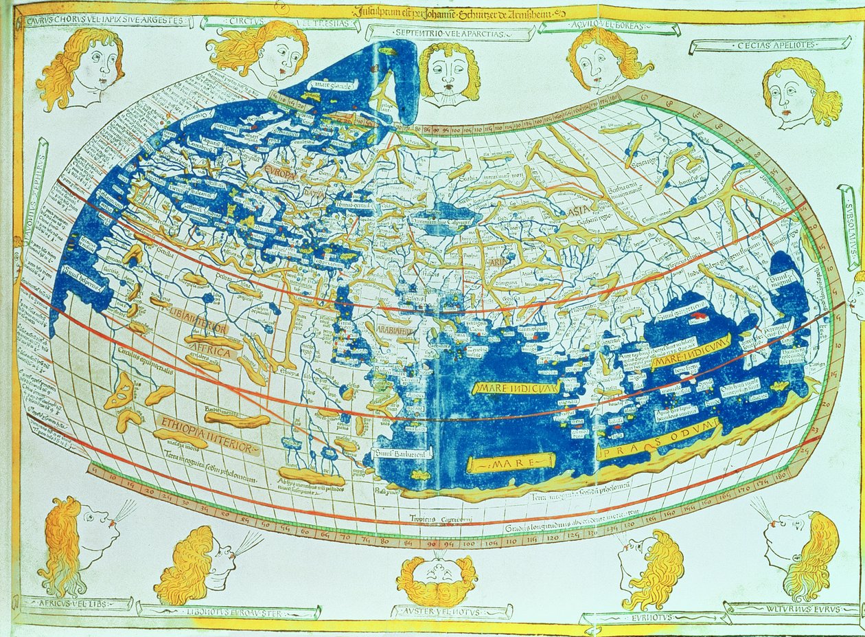 Maailmankartta, joka perustuu Ptolemaios (Claudius Ptolemaios Aleksandrialainen) (n. 90-168 jKr) "Geographiassa" annettuihin kuvauksiin ja koordinaatteihin, julkaistu Ulmissa Saksassa tekijältä German School