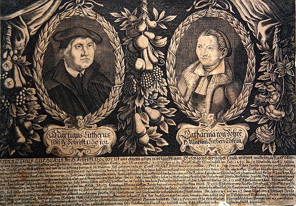 Martti Luther ja hänen vaimonsa Katharina von Bora (kaiverrus). tekijältä German School