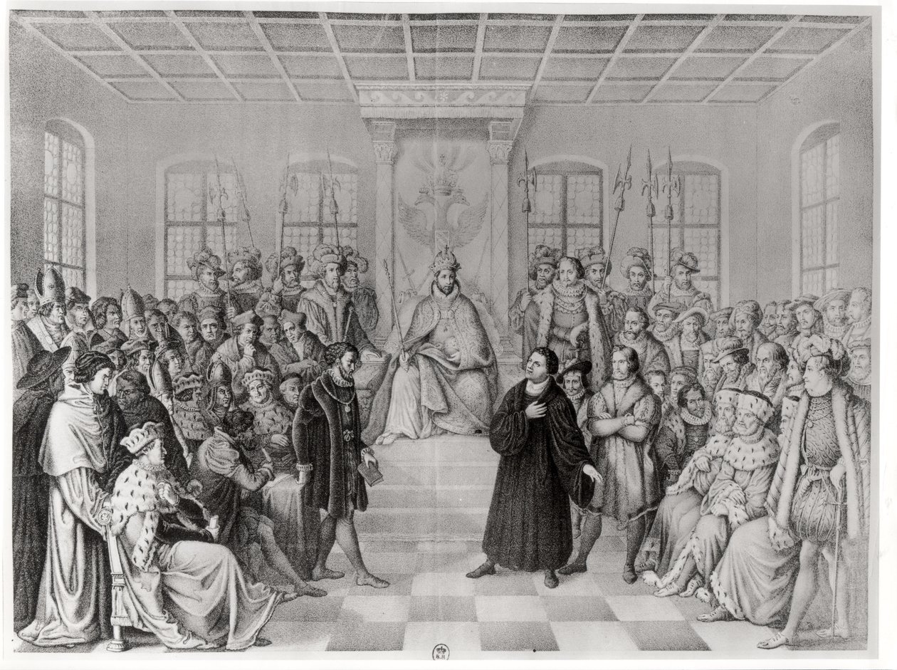 Martin Luther Kaarle V:n (1500-58) edessä Wormsin valtiopäivillä, 16. huhtikuuta 1521, Saksan historiasta tekijältä German School
