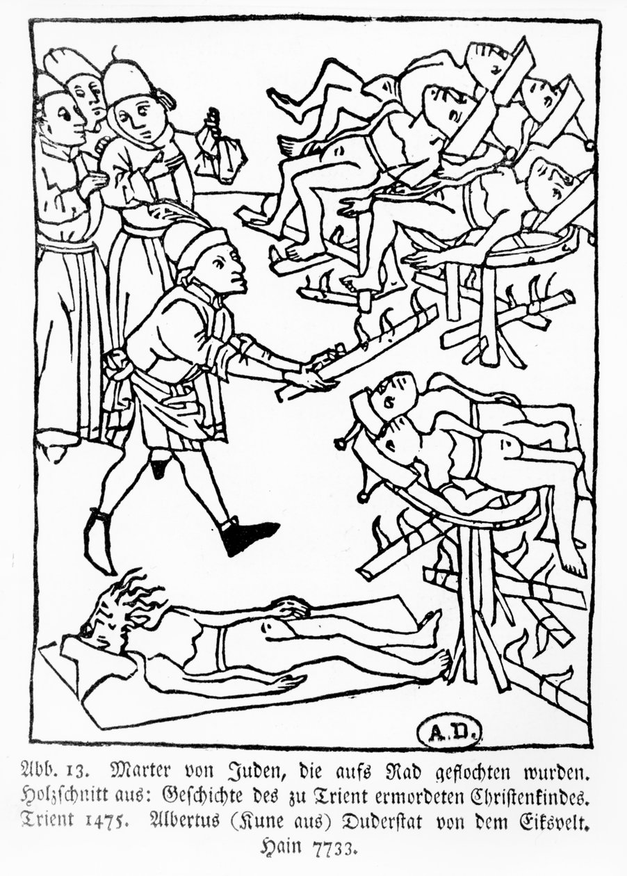 Juutalaisten marttyyrikuolema pyörässä, Trentissä murhatun kristityn lapsen historiasta, Albertus Kunen julkaisema Trentissä 1475 tekijältä German School