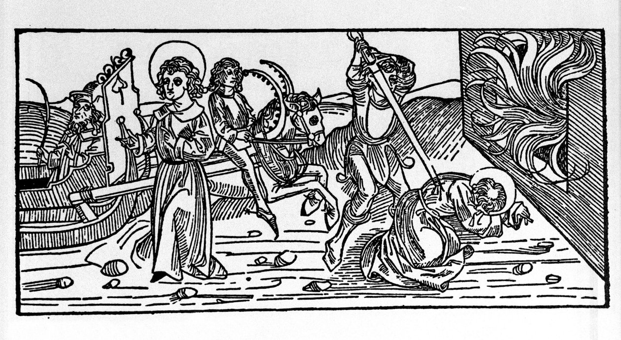 Pyhän Polykarpoksen Smyrnalaisen marttyyrikuolema (n. 69-155), eveque. Kaiverrus "Leben der Heiligen - Sommerteil (pyhimysten kirja)" Jacobus (James) Voragine (1228-1298) tekijältä German School