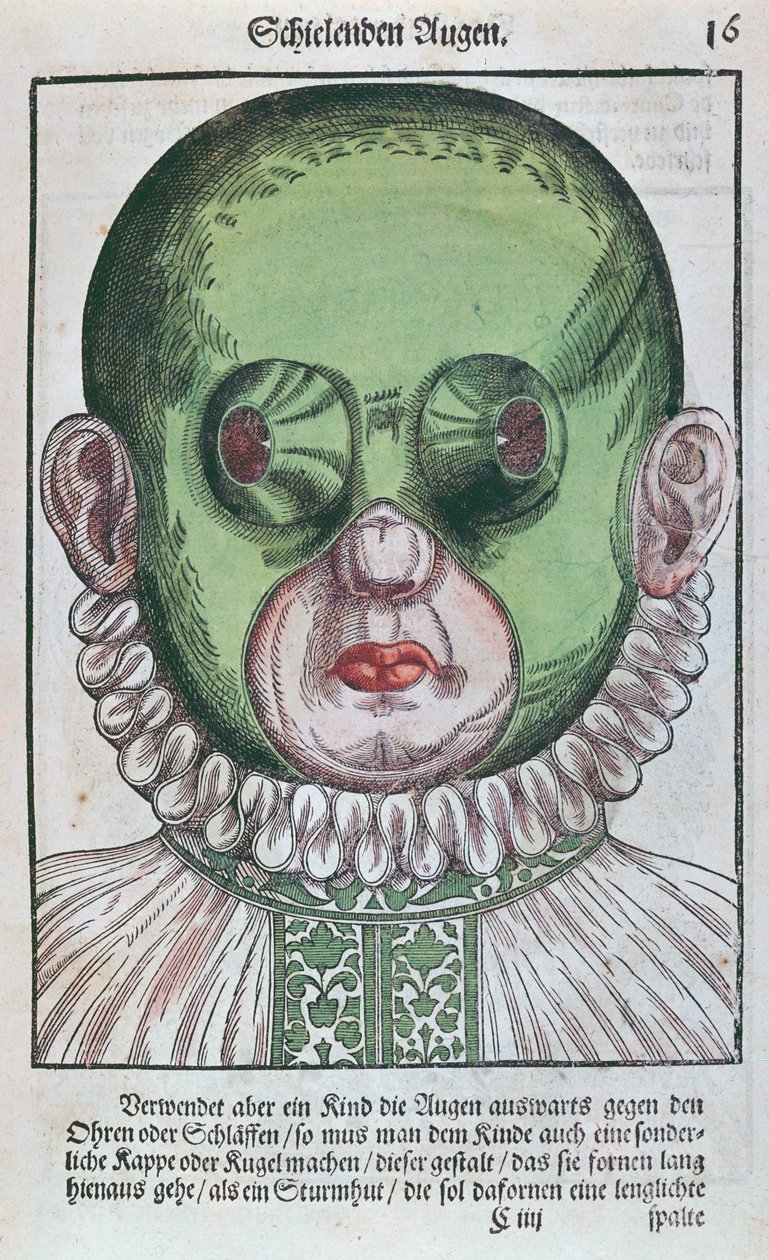 Naamio karsastuksen hoitoon, Georg Bartischin (1535-1636) Ophthalmodouleiasta, joka julkaistiin Dresdenissä vuonna 1583 (värillinen puupainatus) tekijältä German School