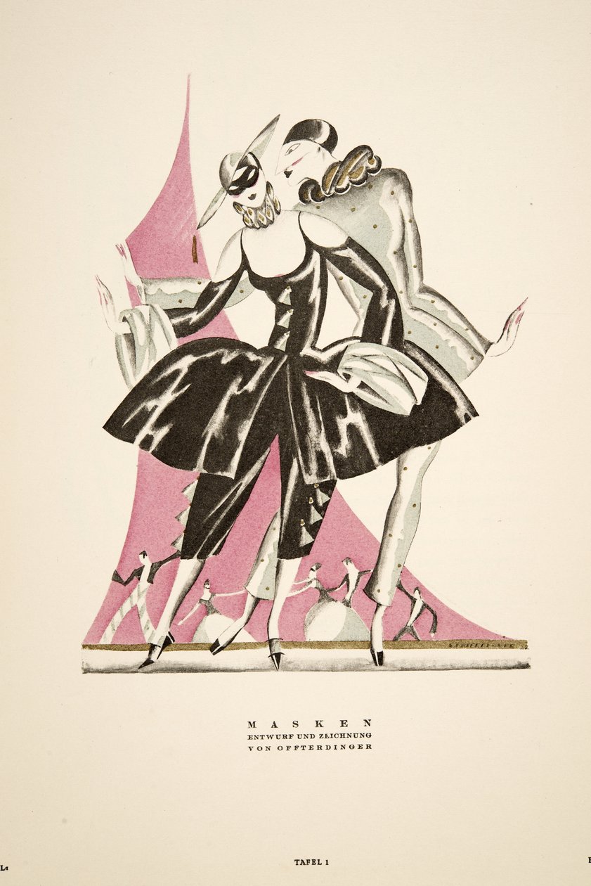 "Masken": Offterdingerin suunnittelema ja piirtämä, kustantamosta Styl, pub.1922 (pochoir-painatus). tekijältä German School