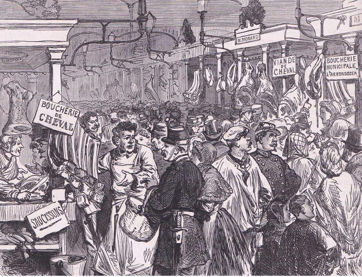 Lihamarkkinat Pariisissa, Cassells, Ranskan ja Saksan välisen sodan historia, julkaisija Cassell and Company Limited, n. 1890 (litho) tekijältä German School