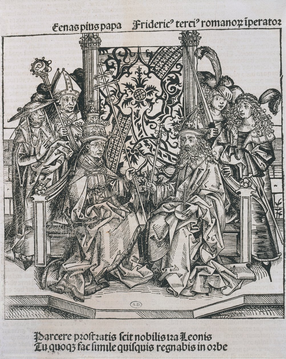 Paavi Pius II:n ja Saksan keisarin Fredrik III:n tapaaminen (kaiverrus) tekijältä German School