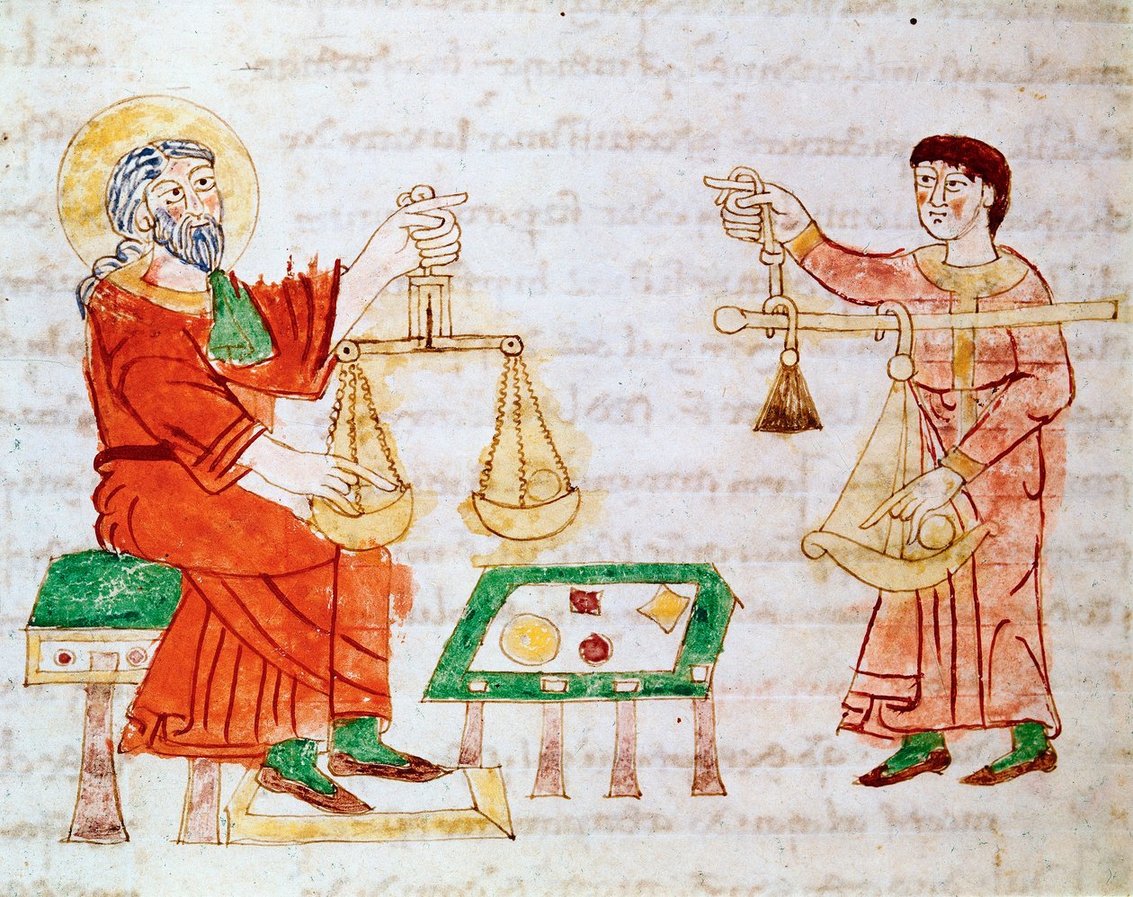 Kauppiaat käyttävät vaakoja punnitsemiseen ja tinkimiseen. Miniatyyri otettu Rabanus Maurus Magnentiuksen (tai Raban Maurin tai Rabano Mauron, n. 780-856) käsikirjoituksesta "" De Universo" tai "" De rerum naturis "" (Asioiden luonteesta). 9. vuosisadalla. tekijältä German School