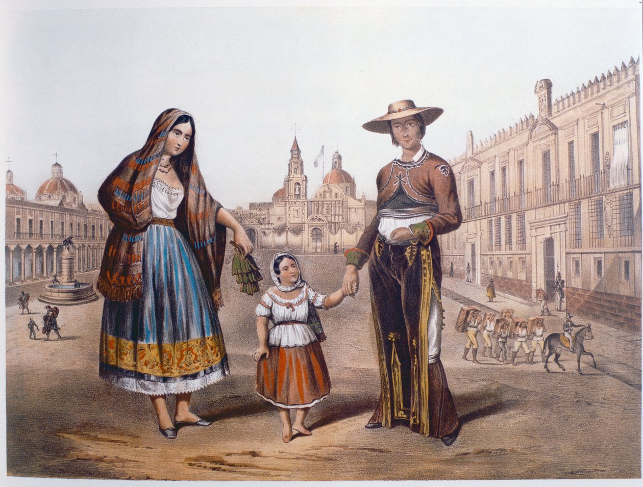Meksikolainen perhe Plaza Santo Domingossa, Mexico Cityssä, noin 1840 tekijältä German School