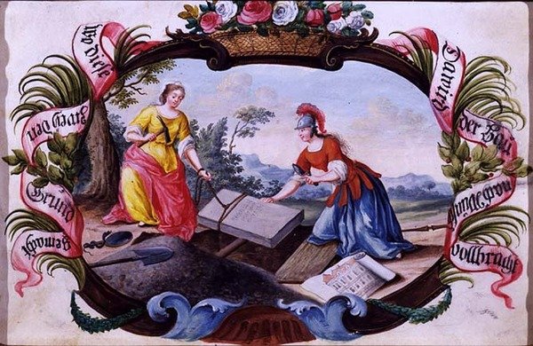 Minerva, jossa arkkitehtuuria edustava figuuri, n. 1640 (guassi, vellum) tekijältä German School
