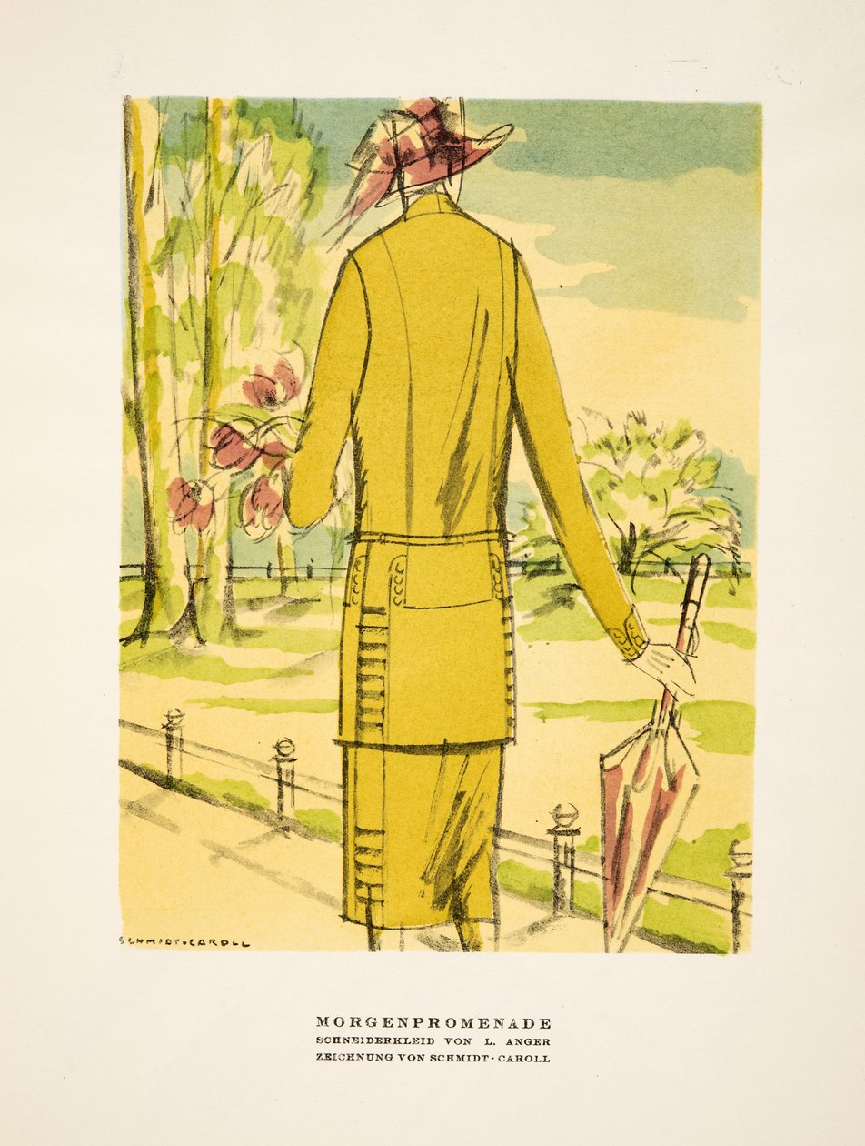 "Morgenpromenade", L. Angerin vaatteiden mainos, julkaisusta Styl, pub.1922 (pokkaripainatus). tekijältä German School