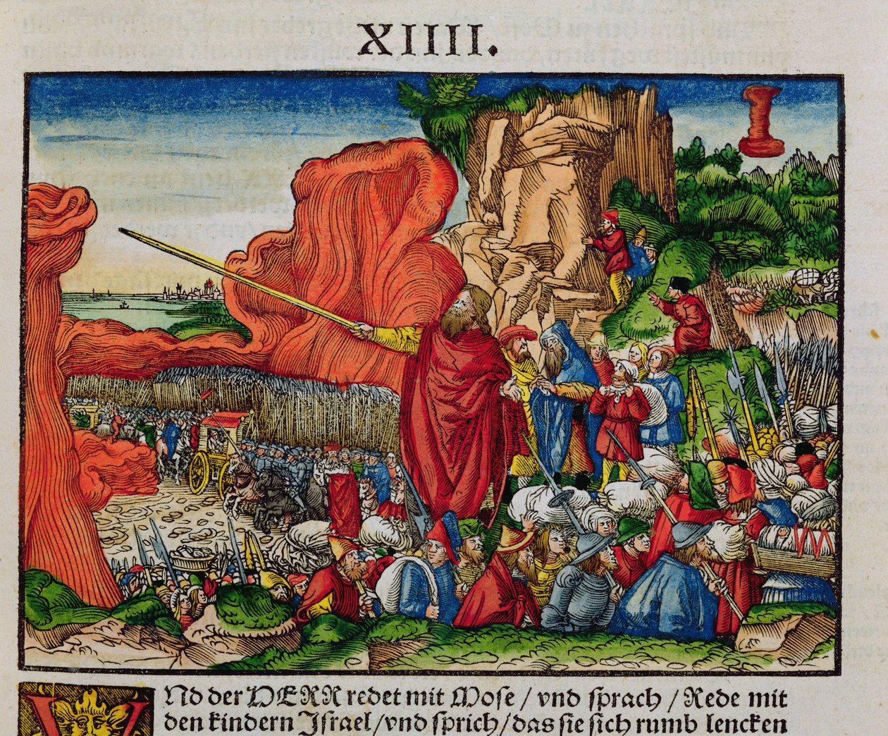 Mooses ylittää Punaisenmeren, Lutherin Raamatusta, n. 1530 (värillinen puupiirros) tekijältä German School