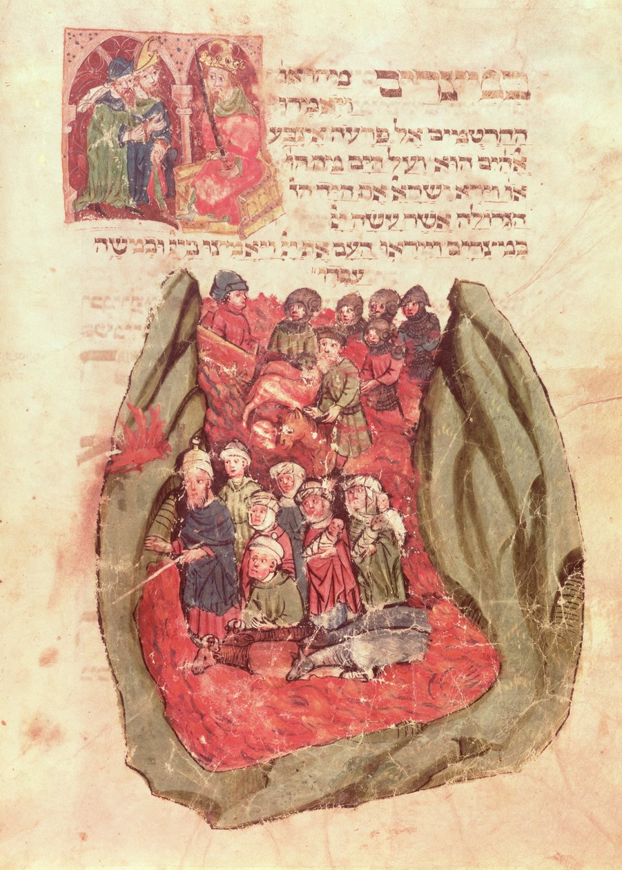 Mooses johdattaa Israelin lapset Punaisenmeren yli juutalaisesta rukouskirjasta, Hampuri, 1427 (käsikirjoitus) tekijältä German School
