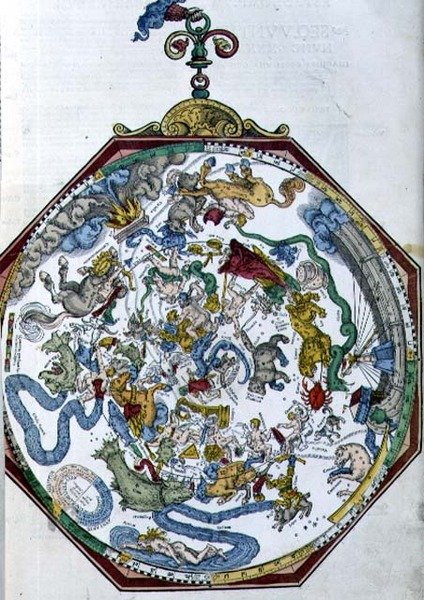 Ms 1517 Tähtikuvioiden sijainti pohjoisella taivaalla, kuva Peter Apianin (Bennewitz) (1495-1552) julkaisemasta Ingolstadtin "Astronomicum Caesareum" -teoksesta. tekijältä German School