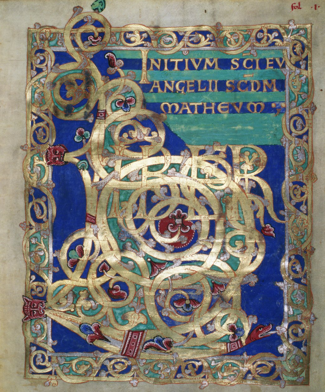 rouva Czart. 1207 IV, fol.13 v Pyhän Matteuksen evankeliumin koristeltu aloite, Plockin katedraalin Evangeliariumista, n. 1075 tekijältä German School