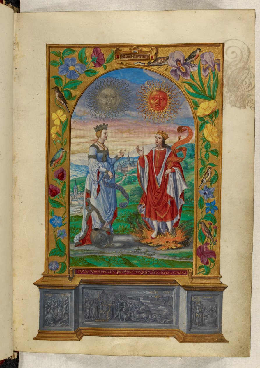 Ms Harley 3469 f.10 Miniatyyri kuningas ja kuningattaresta, joissa on kääröjä, Salomon Trismosinin Splendor Solisista tekijältä German School