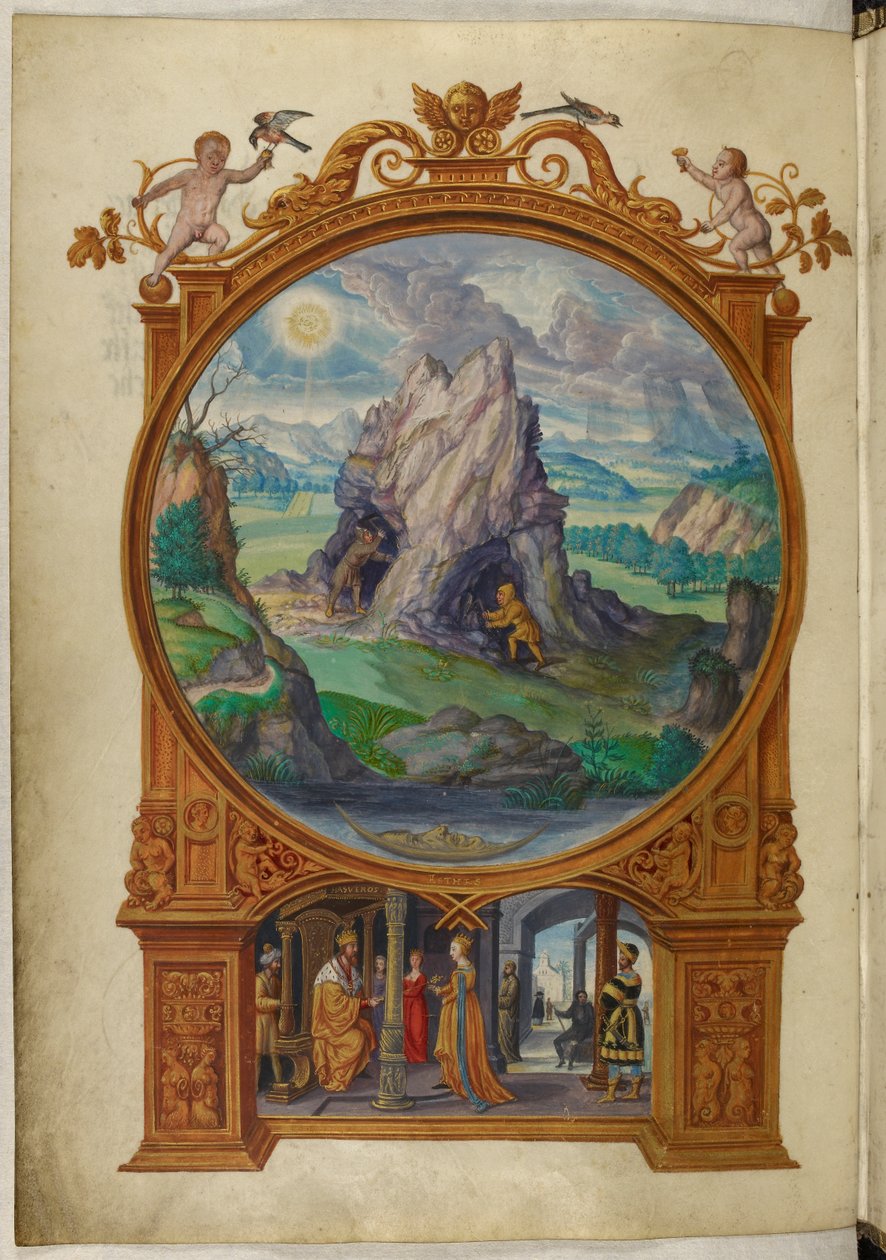 Ms Harley 3469, f.13v Alkemistit etsivät kultaa, ensimmäinen vertaus Salomon Trismosinin teoksesta Splendor Solis tekijältä German School