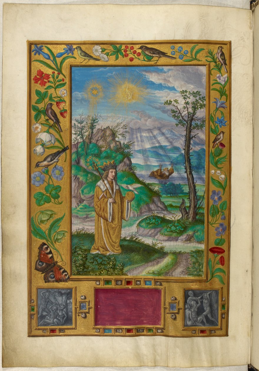 Ms Harley 3469, f.16v Kruunattu hahmo valtikalla ja pallolla, kolmas vertaus, Salomon Trismosinin teoksesta Splendor Solis tekijältä German School
