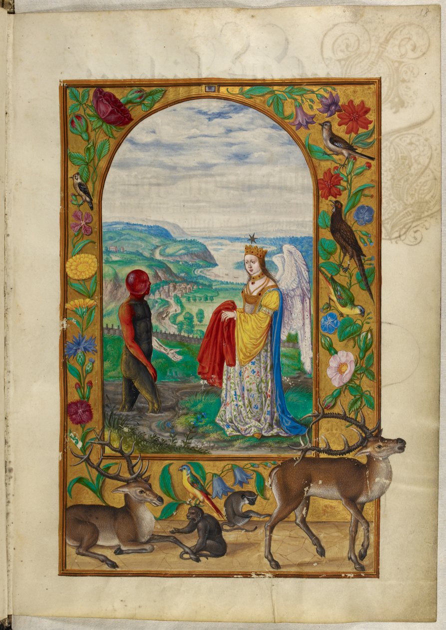 Ms Harley 3469, f.18 Queen tarjoaa viitta miehelle uima-altaassa, neljäs vertaus Salomon Trismosinin Splendor Solisista tekijältä German School